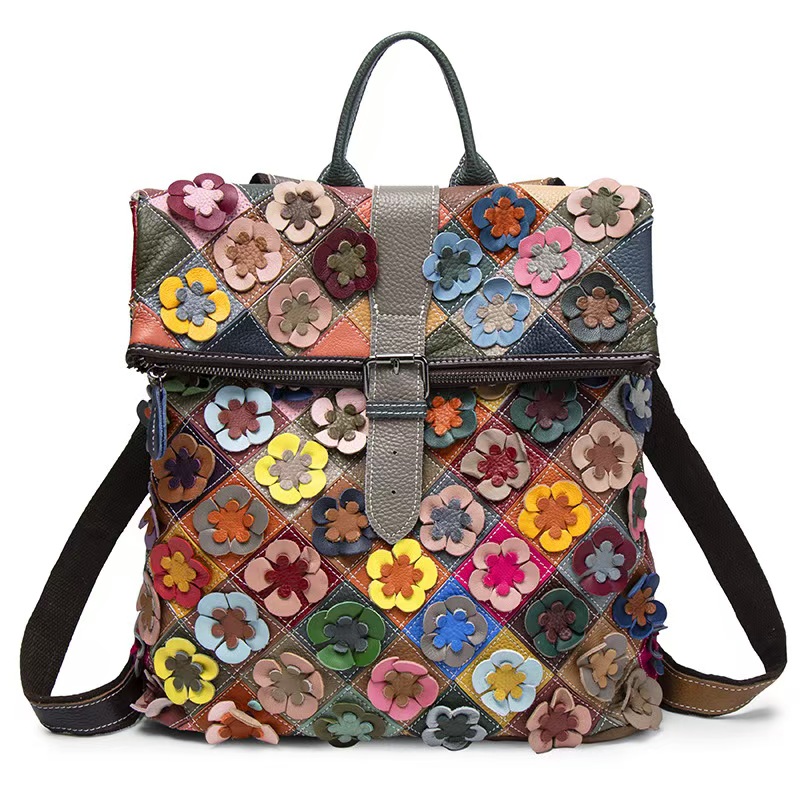 Women Bags Leather - ヴィンテージ女性本革バックパックフラワーリアル牛革ショルダーバッグファッションパッチワークレディース牛革トラベルバッグパック