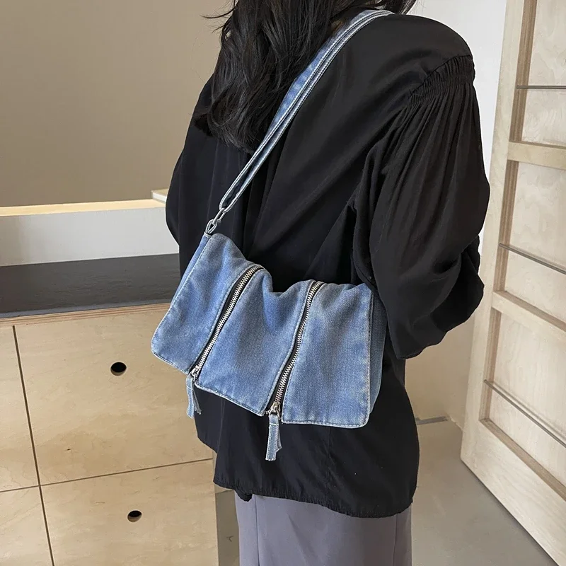 Women'S Bags New Look - ソリッドジッパーデニム多用途ショルダーバッグ2026新作レジャータイムデコレーションシングルクロスボディバッグおしゃれ実用レディースバッグ