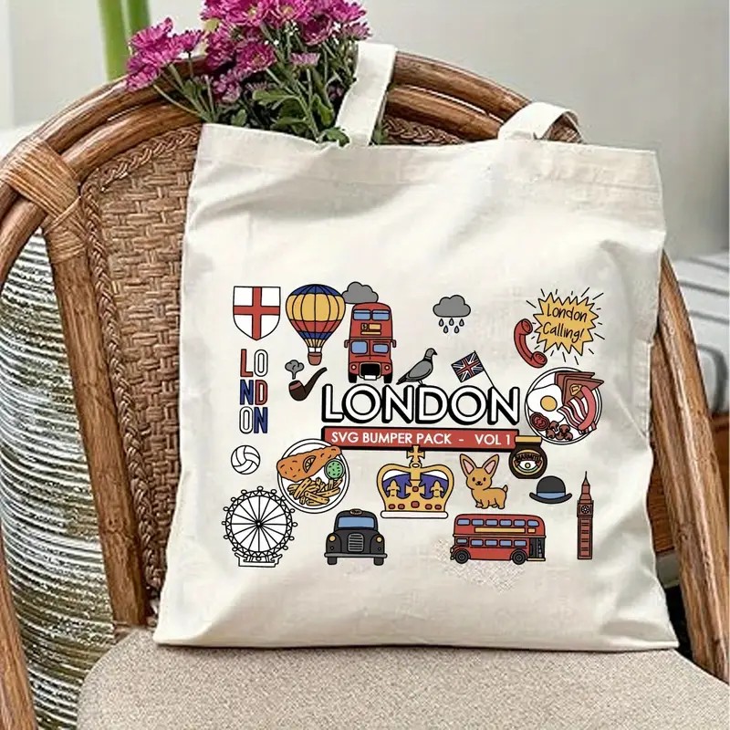 Women Bags In Uk - ロンドン英国グラフィックキャンバストートバッグ女性用環境に優しい再利用可能なショッピングバッグ大型ショルダーバッグ旅行学校ハンドバッグ
