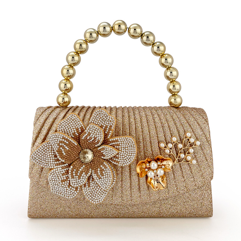 Women Bags Golden - 金色の輝くダイヤモンドフラワーディナーバッグ、メタルビーズハンドバッグ、ドレスバッグ。