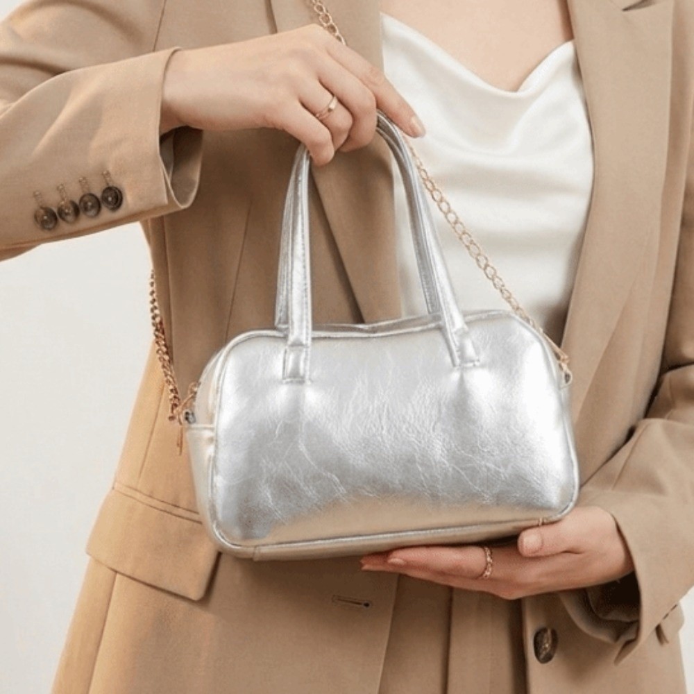 メタリックフェイクレザーボストンバッグダブルトップハンドルミ - Women Bags For Office Use のレビューと価格